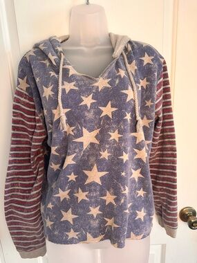 Roxy Star Print Hoodie 🇺🇸 Americana Striped Sleeve Pullover Y2K Cozy